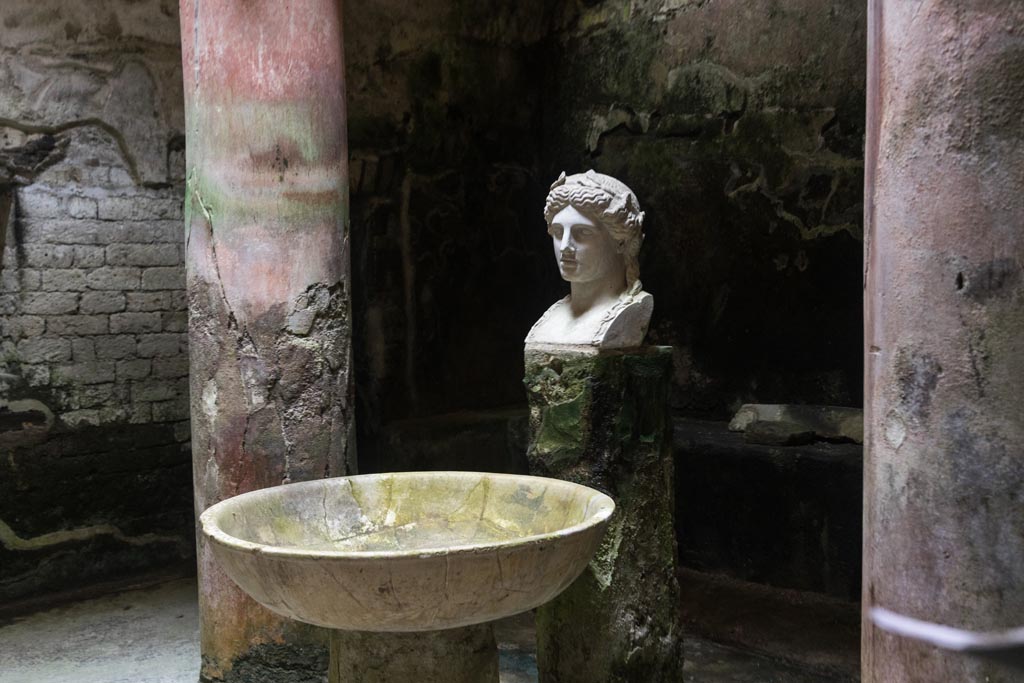 Herculaneum Suburban Baths. October 2023. Atrium with fountain bust of Apollo. Photo courtesy of Johannes Eber.